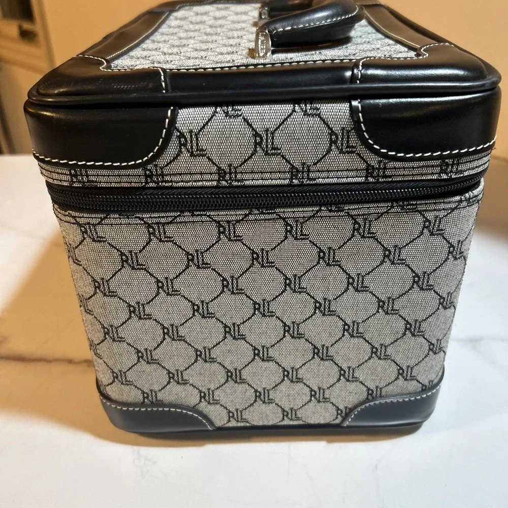 Ralph Lauren Signature Monogramed Gray Black Leather Trim Cosmetic Case